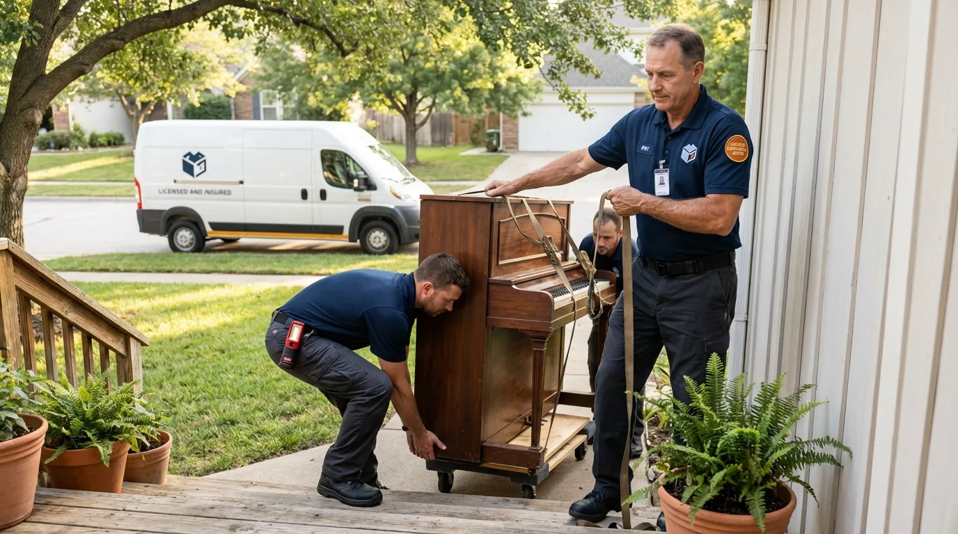 Licensed piano movers securing grand piano in Redwood Valley, CA