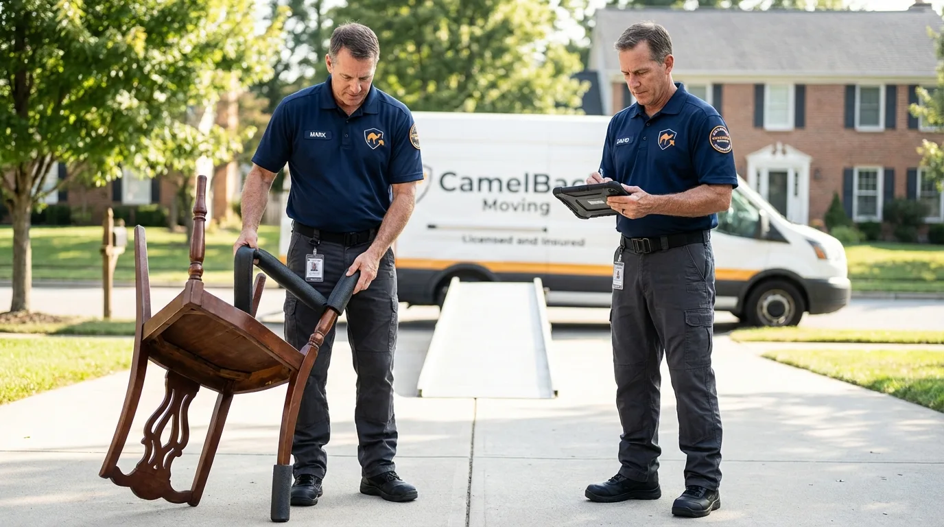 Movers inspecting furniture for damage prevention before loading in Redwood Valley, CA